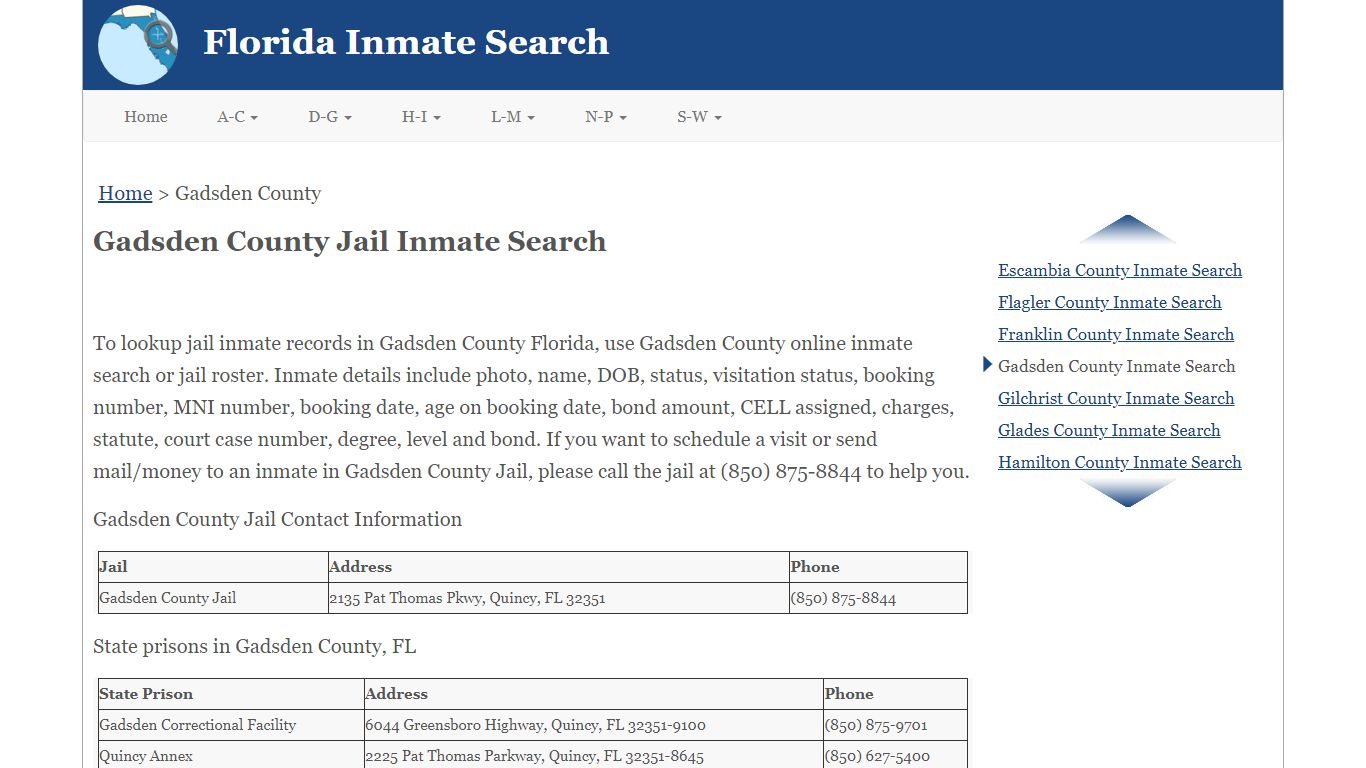 Gadsden County FL Jail Inmate Search